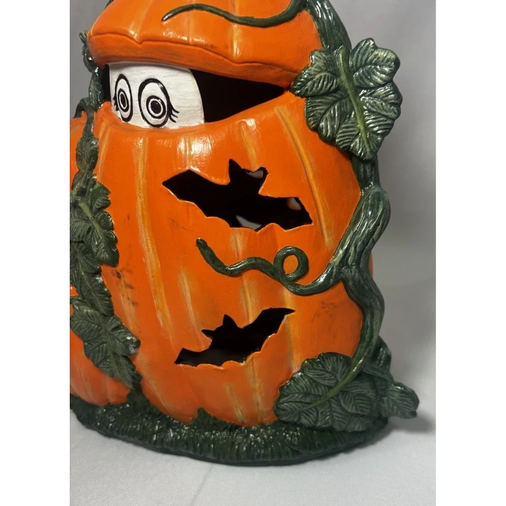Vintage Ceramic Halloween Pumpkin With Ghost- Double Sided- Lights Up Cord
